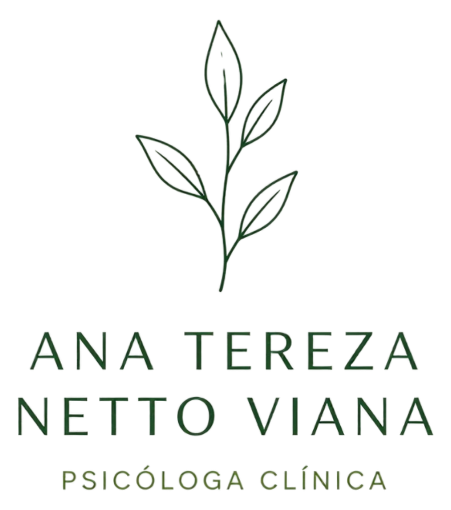 Logotipo: ramo de folhas sobre o nome Ana Tereza Netto Viana, Psicóloga Clínica